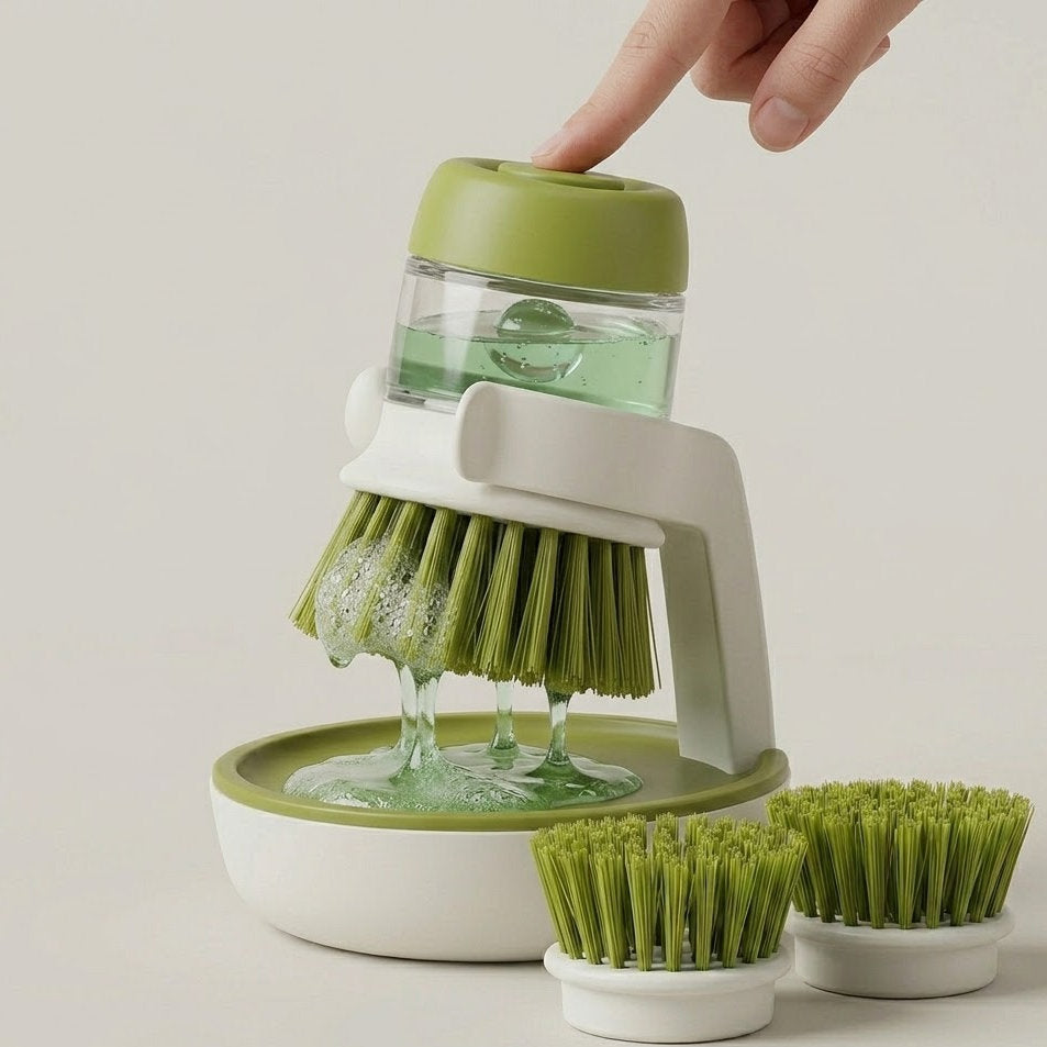 Bufryna | Soap Dispensing Dish Brush Set – One-Press Liquid Control with Storage Stand for Effortless Cleaning