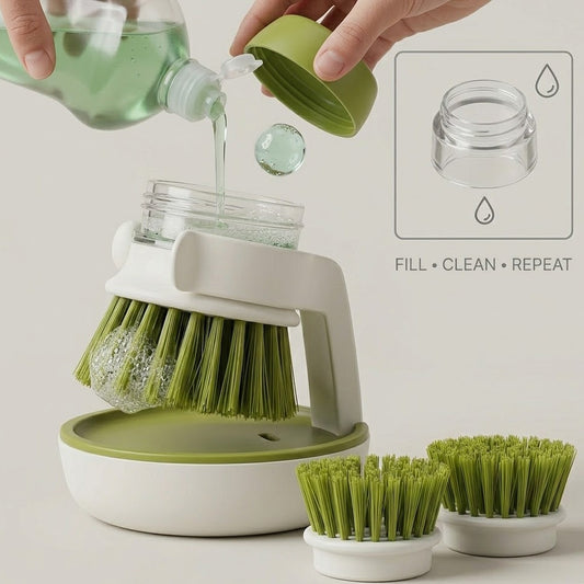 Bufryna | Soap Dispensing Dish Brush Set – One-Press Liquid Control with Storage Stand for Effortless Cleaning