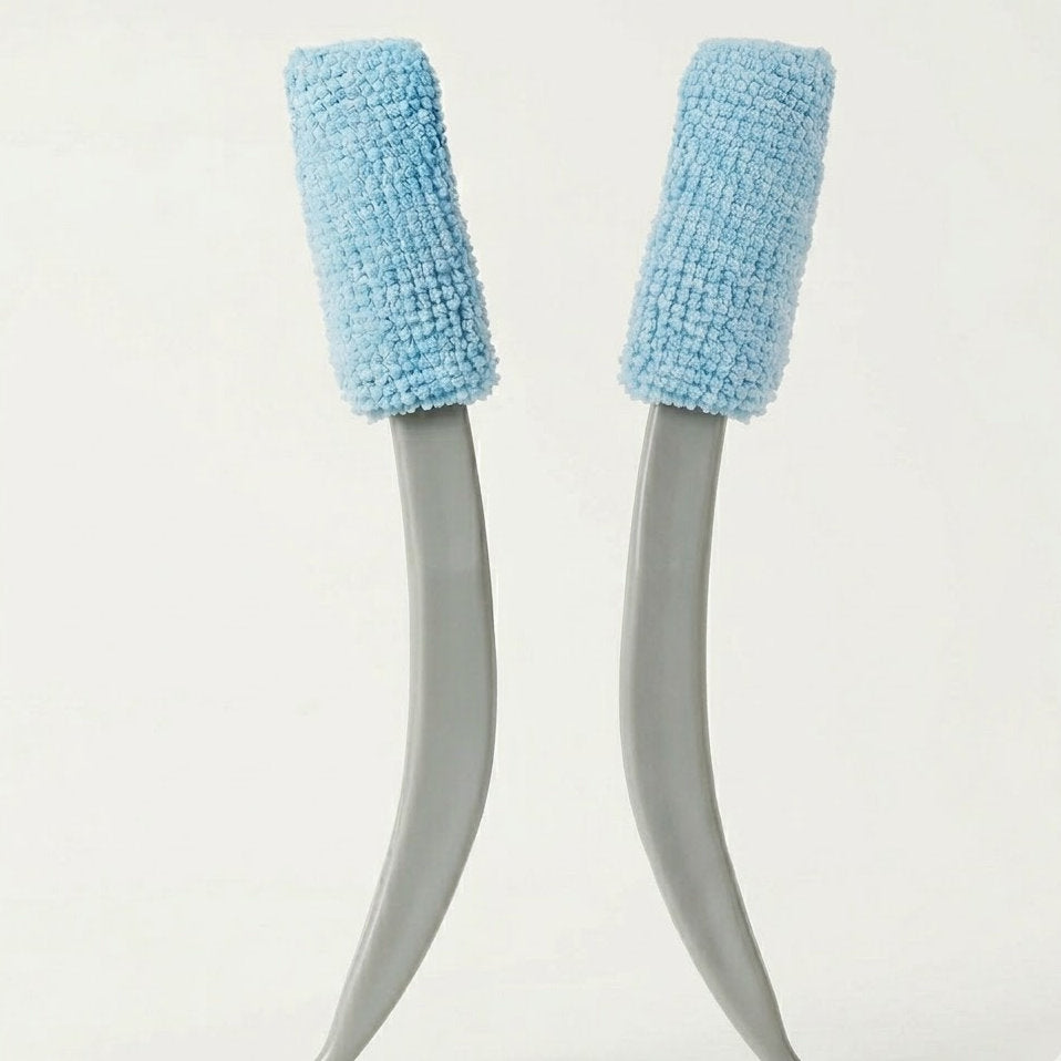 bufryna 2-Piece Reusable Non-Extendable Curved Microfiber Detailing Duster Set Grey and Light Blue, Fixed Handle, Washable Microfiber Heads